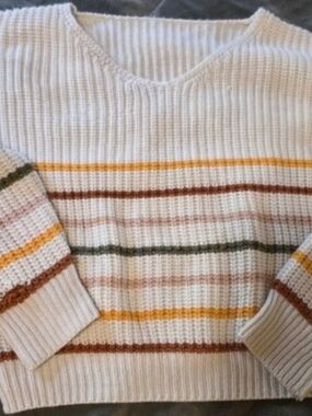 Cream Striped V-Neck Kids Sweater with Multi-Color Accents